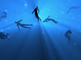 illustration looking up through the water at silhouetted bodies drowning