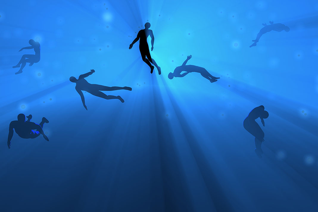illustration looking up through the water at silhouetted bodies drowning