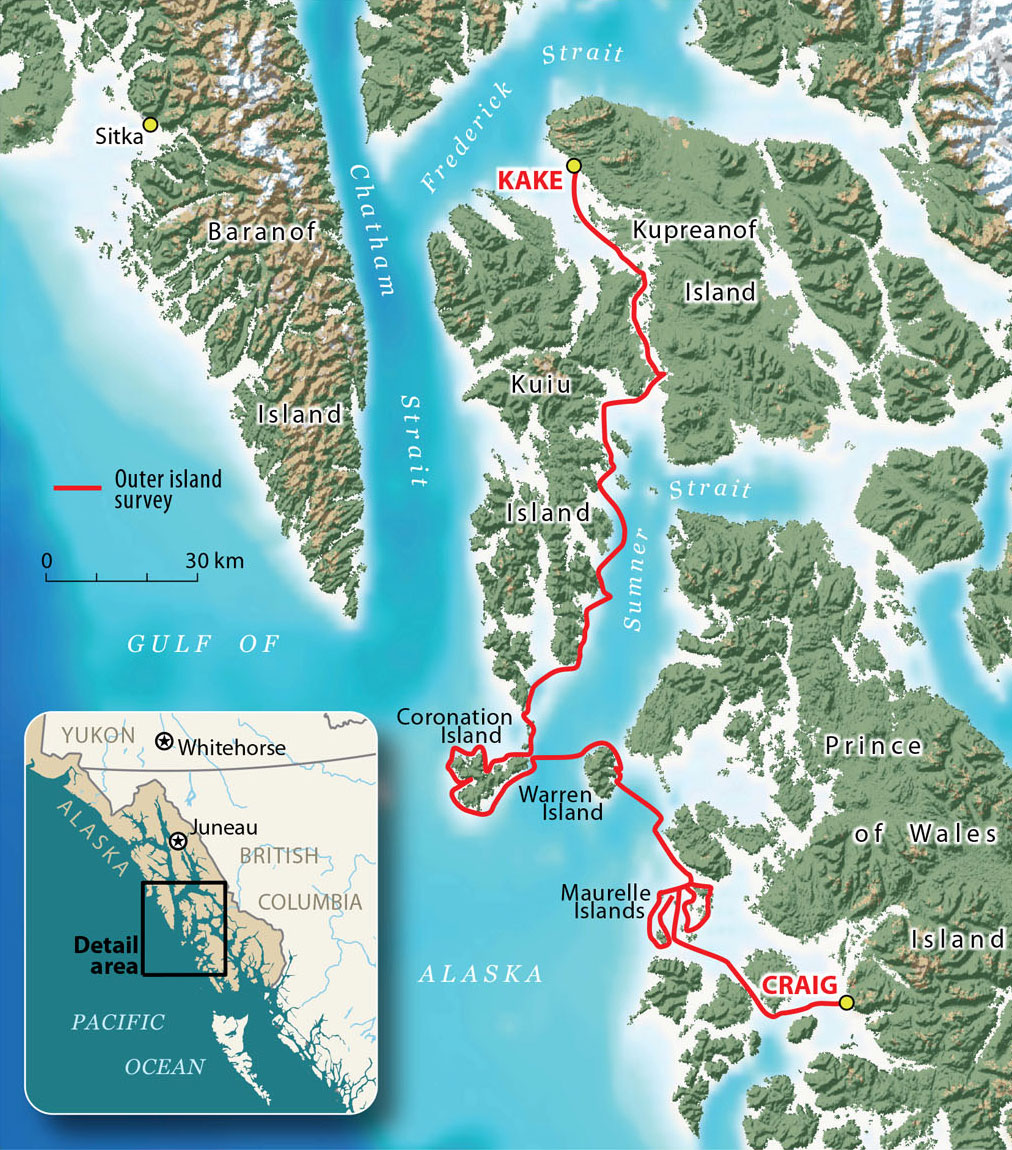 map of the Alaska Outer Island Survey route