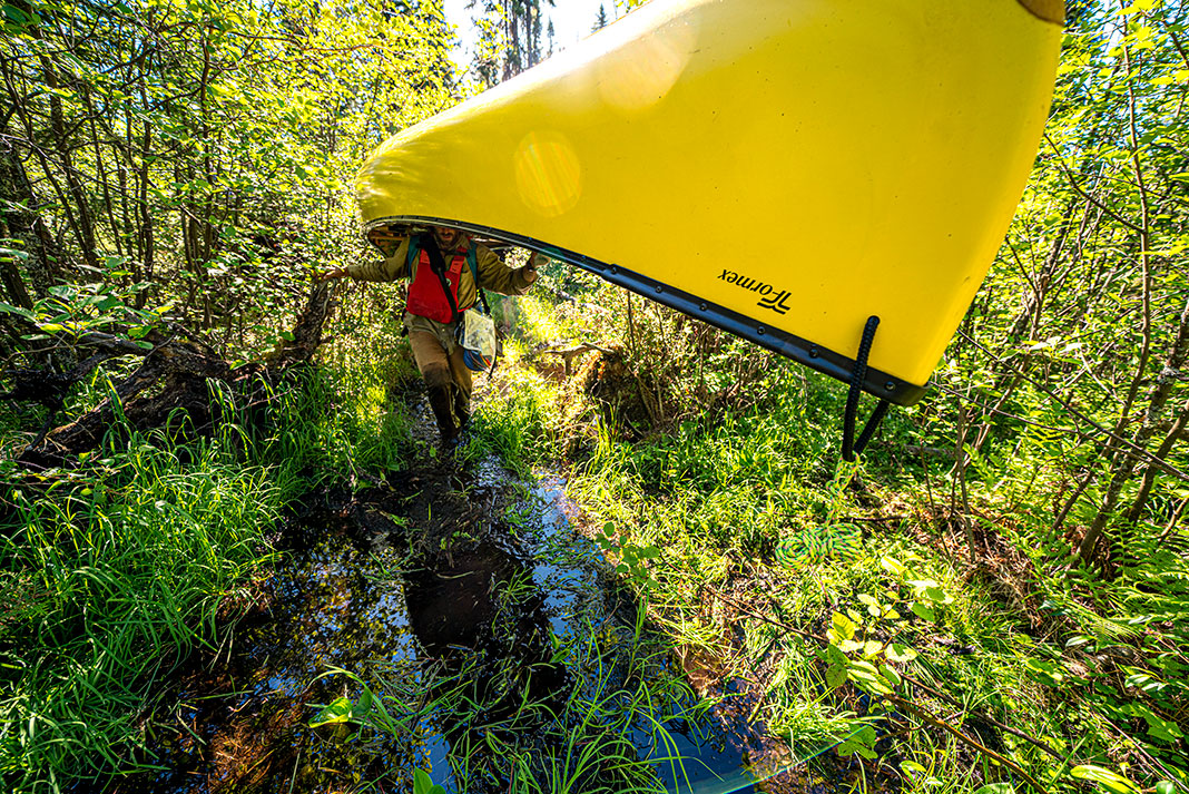 David Jackson carries yellow canoe along a swampy route to Hudson Bay