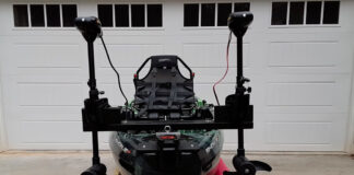 Dual trolling motors mounted on a kayak.