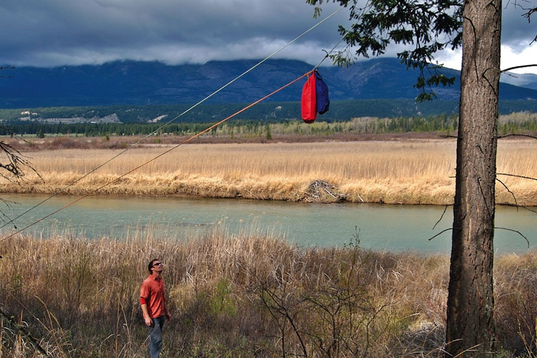 A man stares up at a bear hang on the side of a river