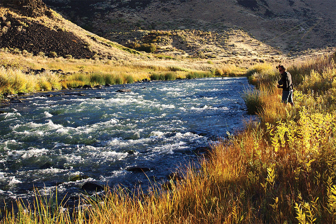 man fishes into rapids from the banks of the Owyhee River