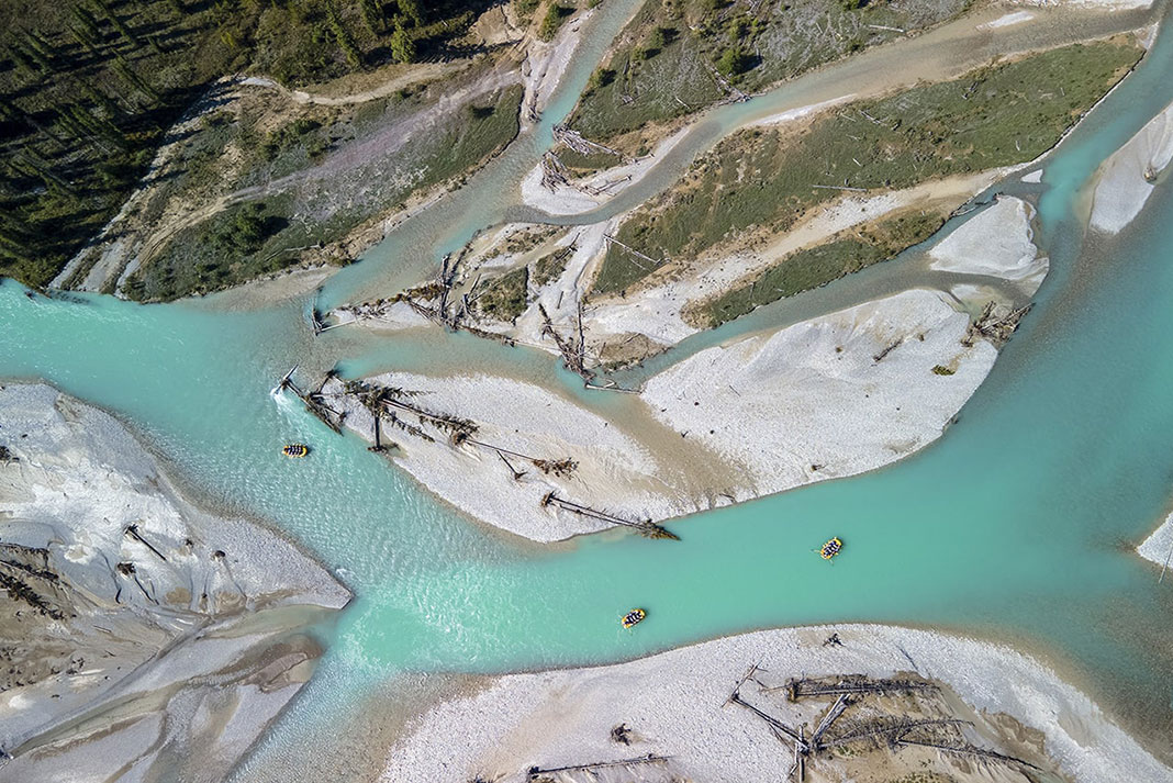 drone shot of Kicking Horse River in British Columbia