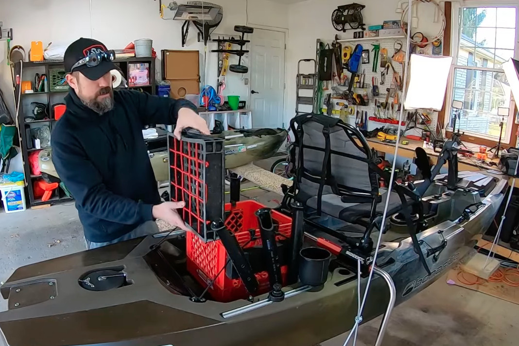 DIY fishing tackle crate in kayak