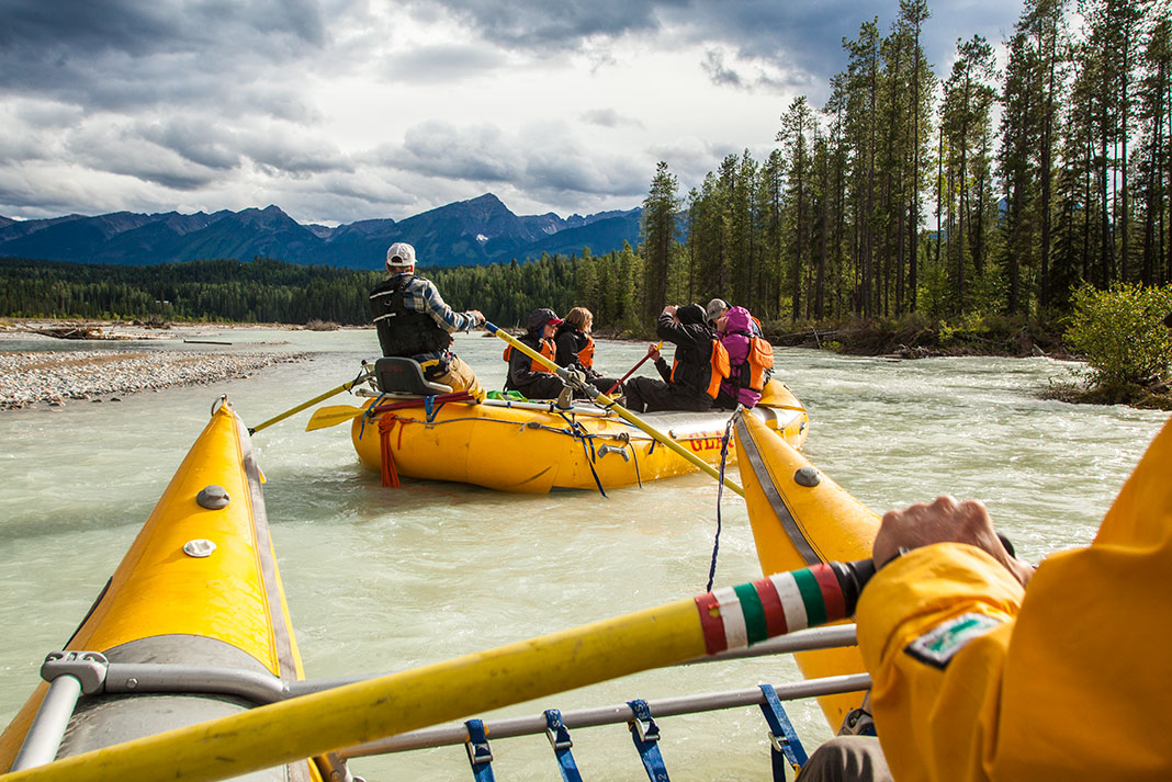 a group of whitewater rafters on the Blaeberry River near Golden in British Columbia