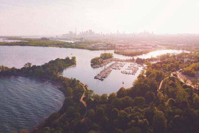 aerial photo of the eastern end of the Toronto Harbour