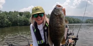Kristine Fischer, kayak river fishing on the Susquehanna for smallmouth.