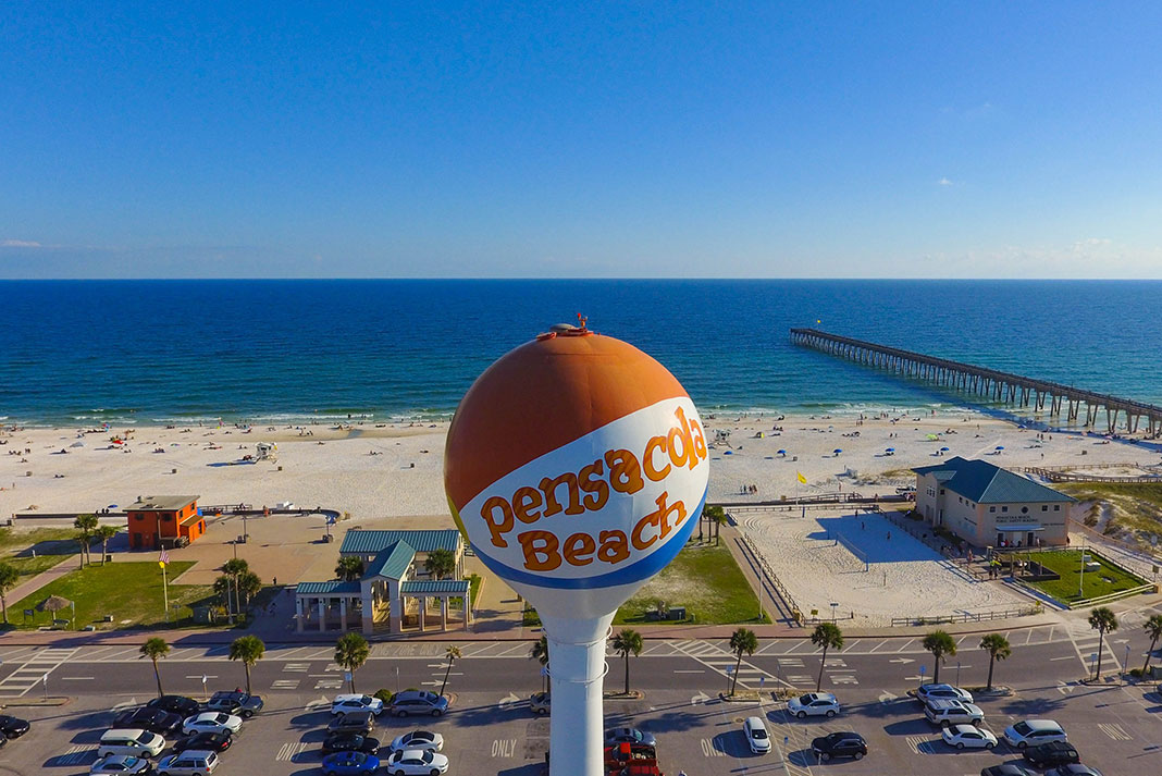 aerial view of the water tower and beach at Pensacola Beach, Florida