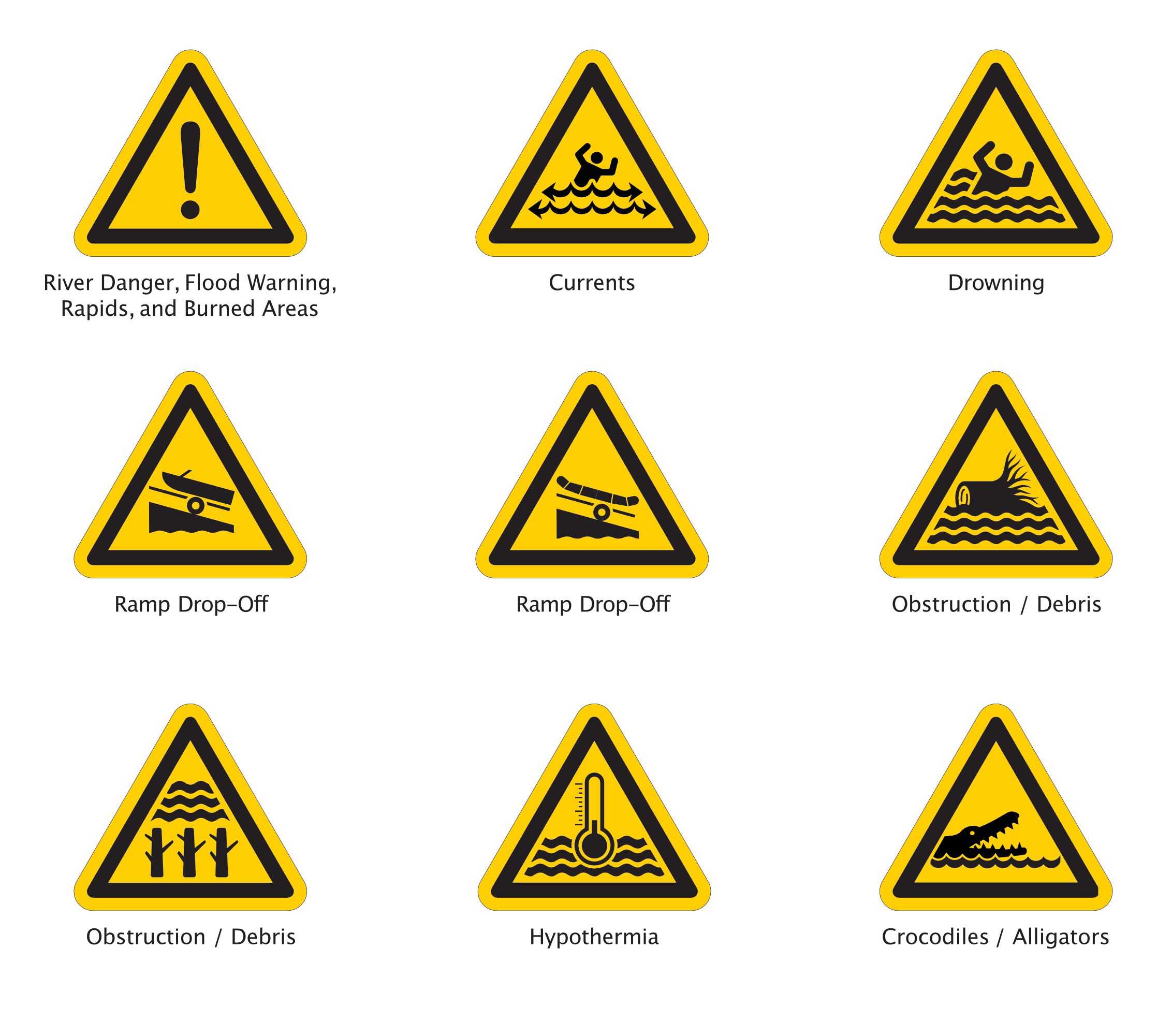 Several yellow triangular signs with different safety symbols on them.