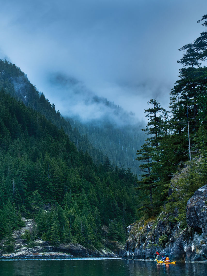 a kayaker on the water in front of misty forested mountains