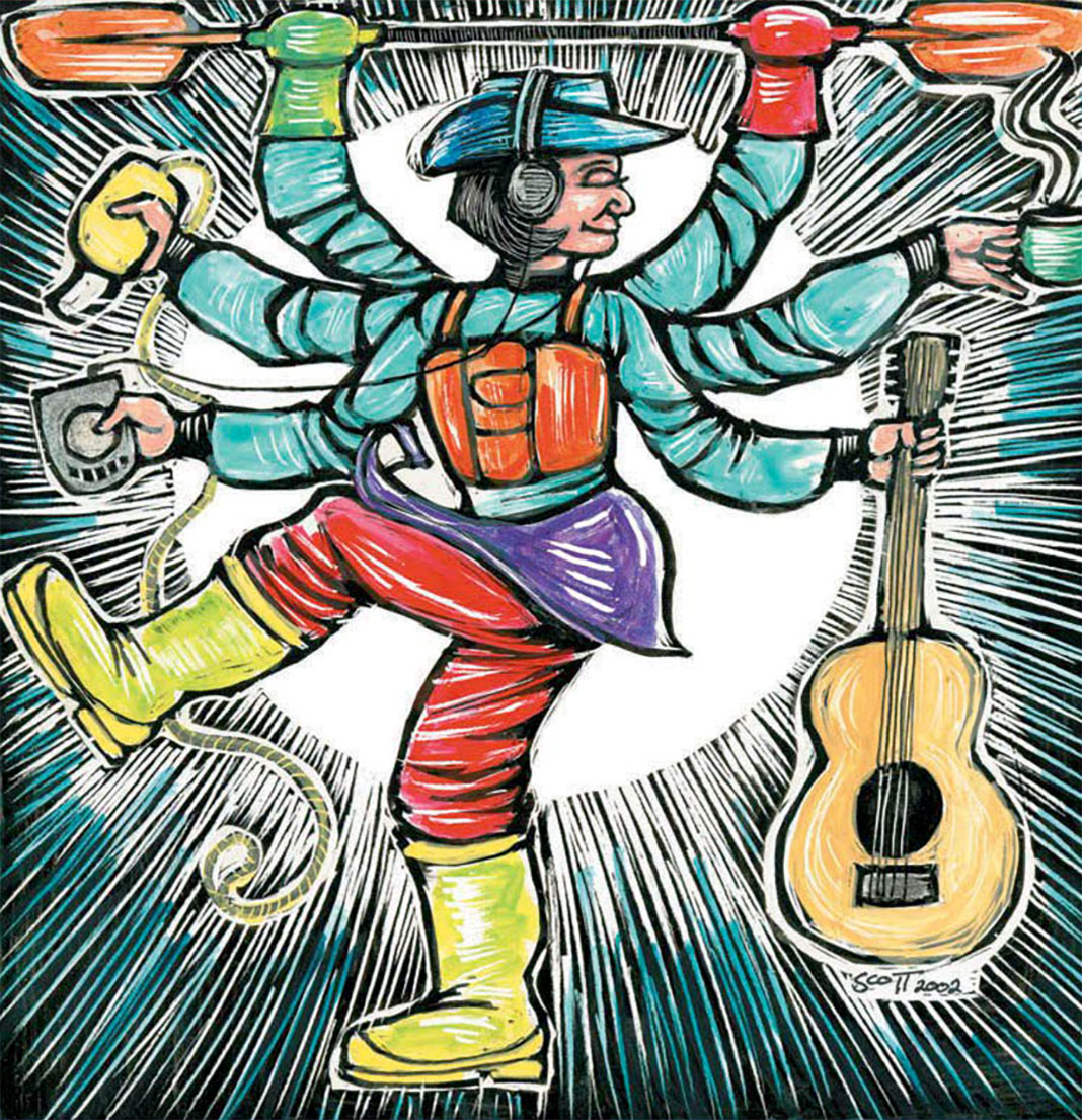 illustration of a kayaker decked out in multicolored gear and various accessories