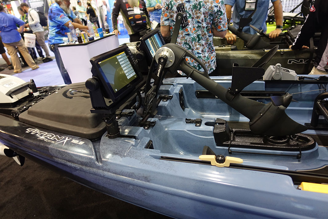 Detail of the Native Watercraft TitanX 12.5 pedal drive and dual fish finder displays at ICAST 2023