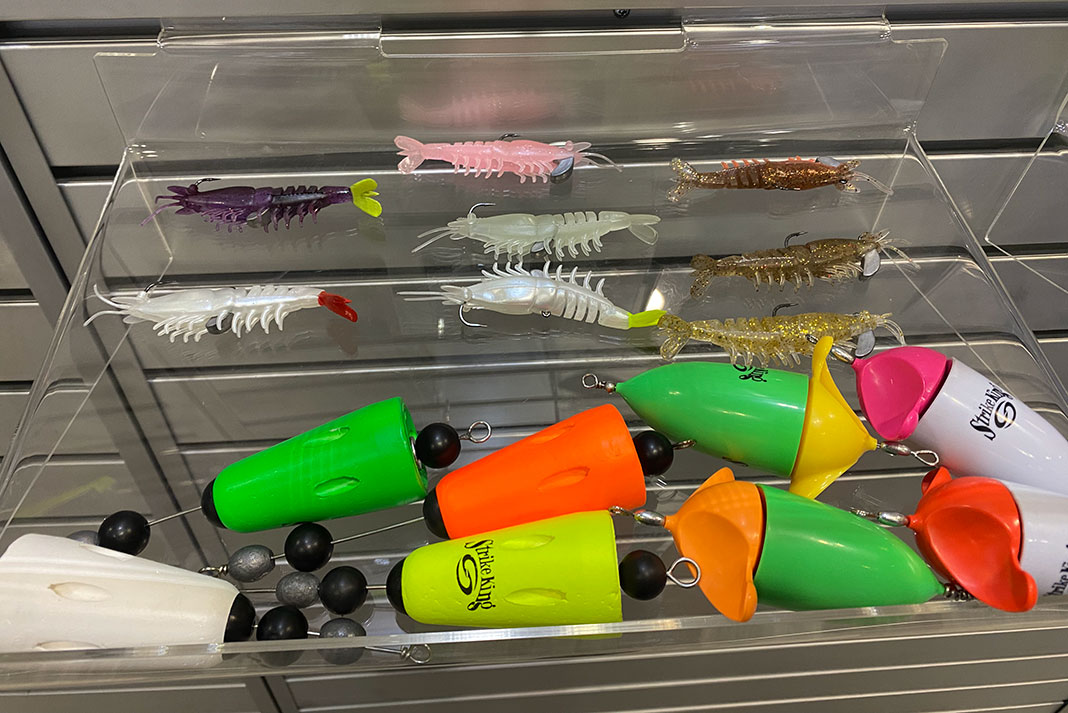 Strike King Poppin Cork and Tidal Shrimp lures on display at ICAST 2023