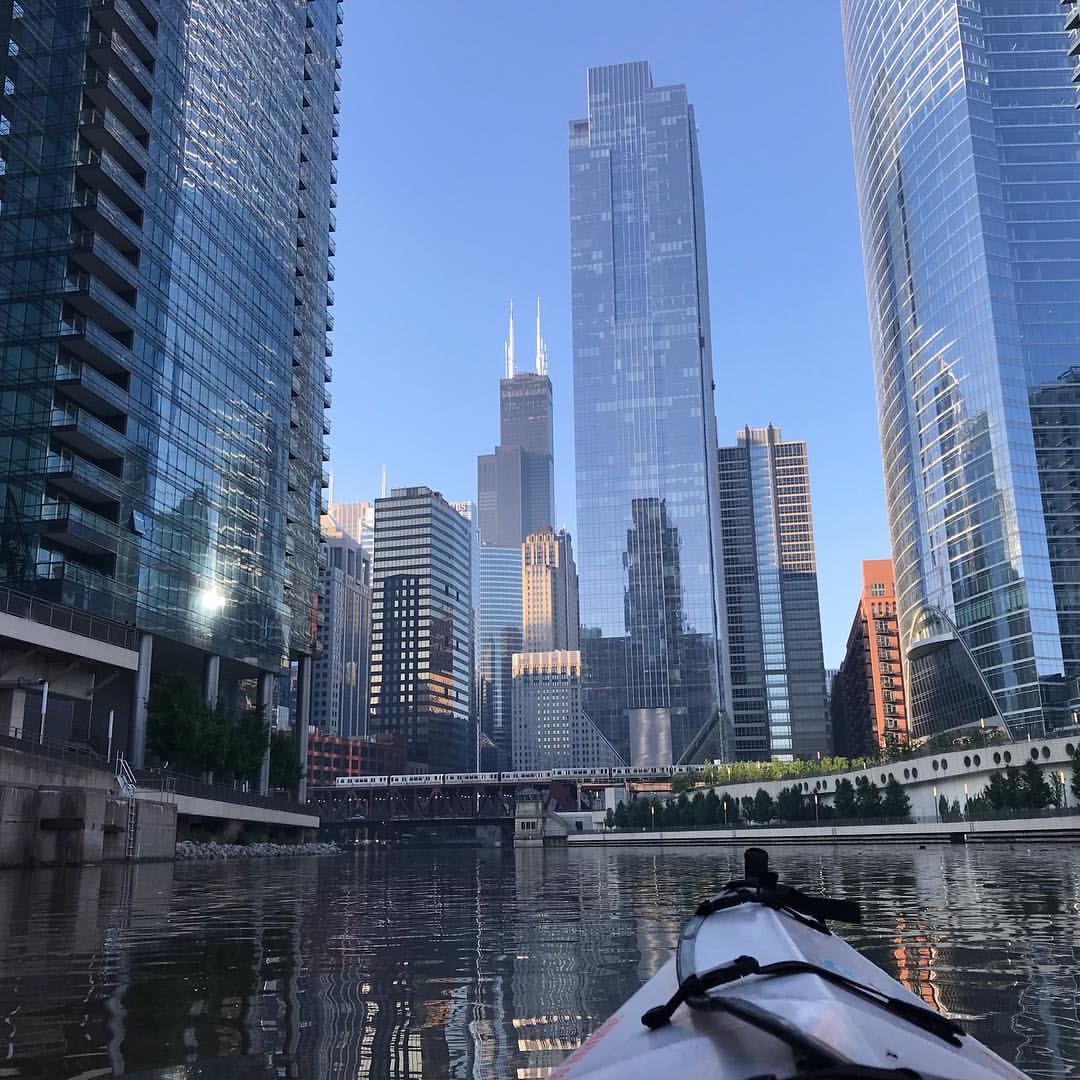 Chicago view from paddler in a folding kayak.