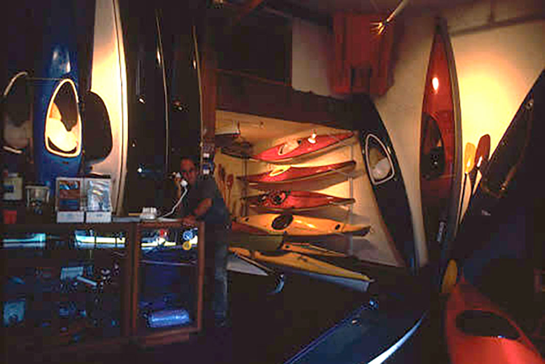 Early wares on display at North America's first specialty kayak shop, Ecomarine