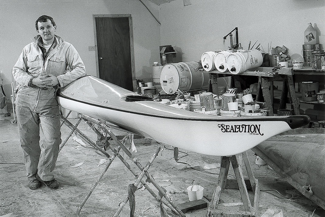 Tieken in his Chezzetcook, Nova Scotia, shop with one of the first production Sealutions, 1988