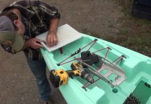 DIY kayak motor mount from a kitchen cutting board.
