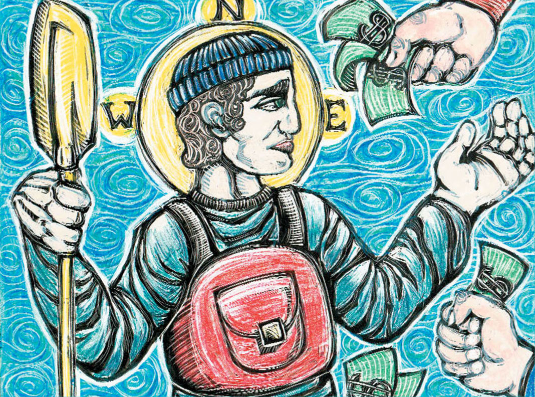 illustration of a sea kayaking guide accepting money for his services