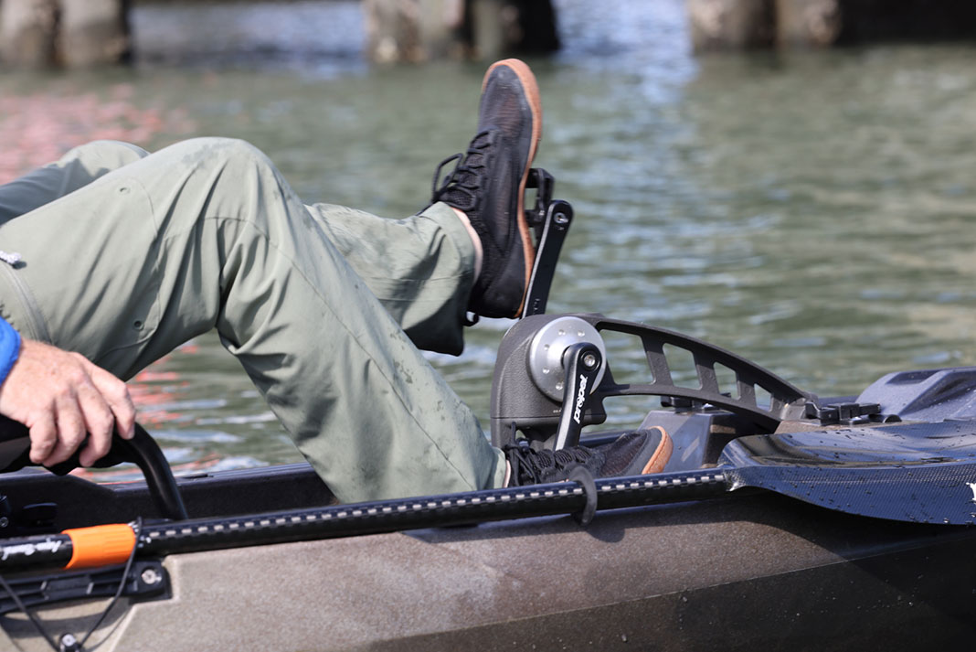 detail of man pedaling the Bonafide P127 with Native Watercraft’s Propel Pedal Drive