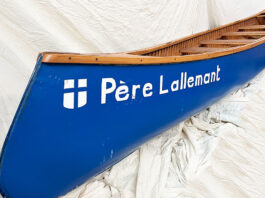 a famous blue canoe from the Canadian Canoe Museum’s collection called the Père Lallemant
