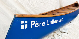 a famous blue canoe from the Canadian Canoe Museum’s collection called the Père Lallemant