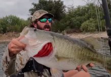 Angler reaction to catching huge bass.