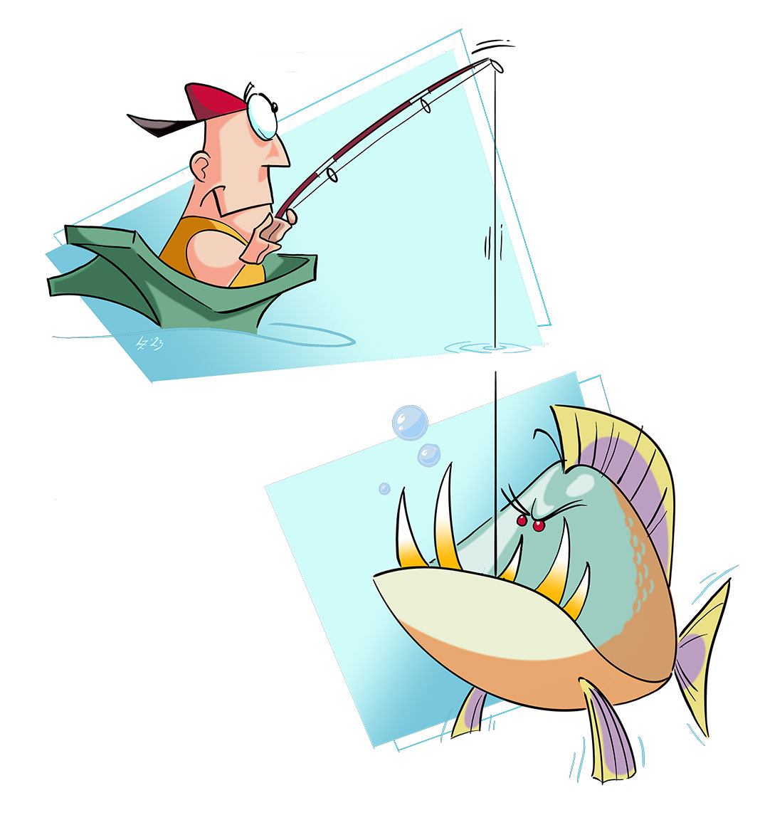 illustration of a person fishing from a kayak and a large, toothy fish taking the bait