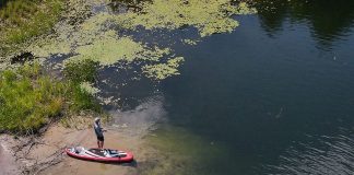 overhead photo of a man standing and fishing on shore beside his paddleboard