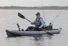 Man paddles the NRS Pike Pro inflatable fishing kayak