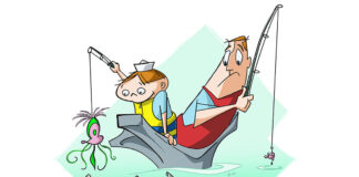 father and son fish with different lures