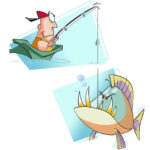 illustration of a person fishing from a kayak and a large, toothy fish taking the bait