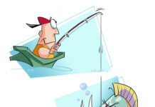 illustration of a person fishing from a kayak and a large, toothy fish taking the bait