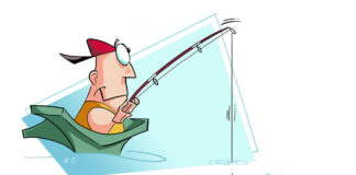 illustration of a person fishing from a kayak and a large, toothy fish taking the bait
