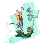 illustration of a kayak angler dunking a fish in a basketball net