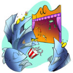 illustration of a group of fish watching a puppet master perform with fishing tackle