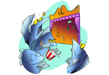 illustration of a group of fish watching a puppet master perform with fishing tackle