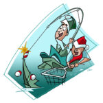 illustration of two anglers in Christmas gear hooking and reeling in a recycled christmas tree from the water