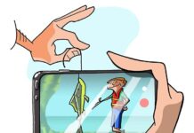 illustration of a person measuring fish dishonestly with their camera