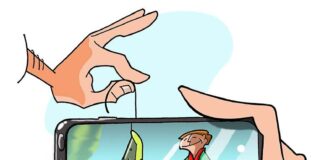 illustration of a person measuring fish dishonestly with their camera