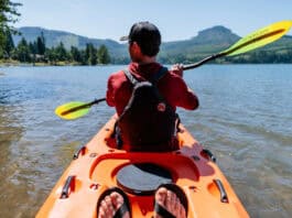 Editor Joe Potoczak sitting in the front of the Lekker Albatross tandem sit-on-top kayak