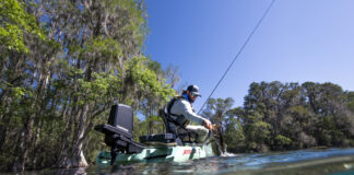 Kayak on water with Garmin Force Current motor we expect to see at ICAST 2025