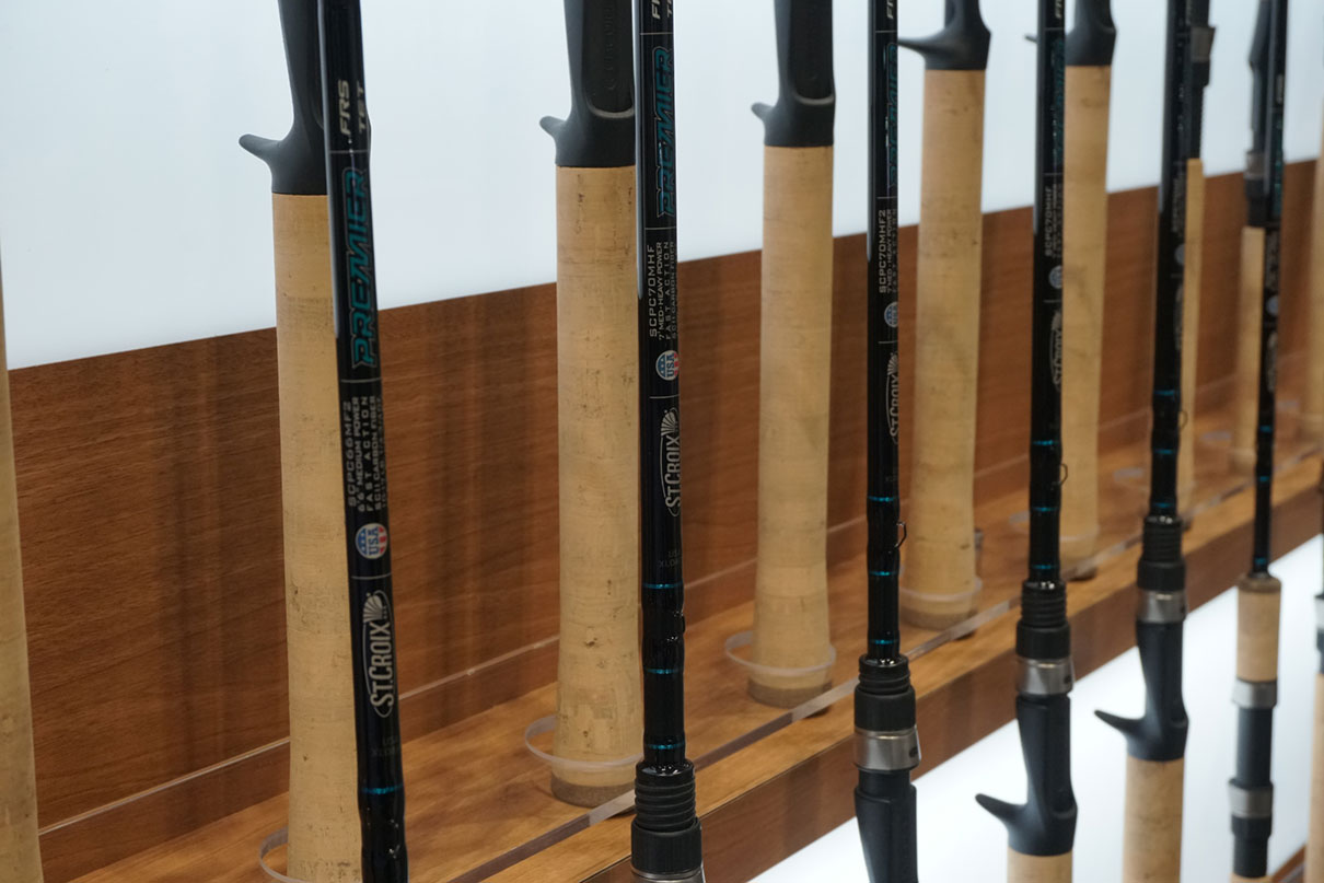 a selection of St. Croix GXR fishing rods on display at ICAST 2025