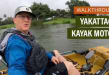 Kayak Angler editor Ric Burnley tests out YakAttack's new unnamed kayak motor at ICAST 2025 Demo Day.