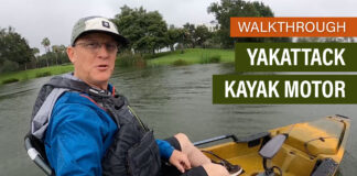 Kayak Angler editor Ric Burnley tests out YakAttack's new unnamed kayak motor at ICAST 2025 Demo Day.