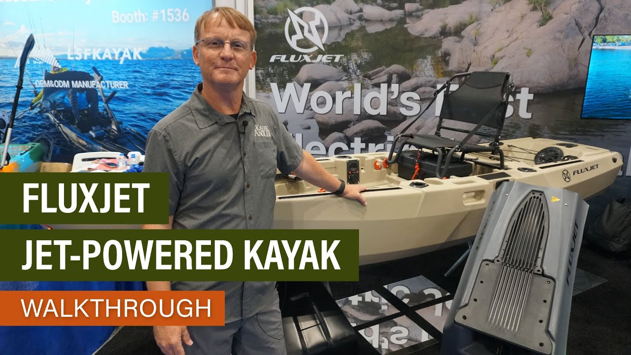 Editor Ric Burnley standing next to the new FluxJet jet-powered fishing kayak.