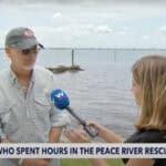 Canoeist Rescued After Treading Water For 12 Hours (Video) Rescuerer interviewed after saving woman who, after her canoe capsized, treaded water for 12 hours.