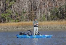 Kayak Angler editor Ric Burnley stands and fishes from the 3 Waters Big Fish 120 PDL fishing kayak
