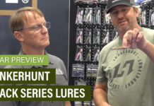 Editor Ric Burnley inspects the new Lunkerhunt Black Line series of lures with angler Matt Arey.