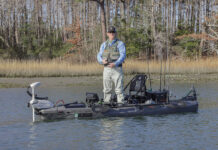Kayak Angler editor Ric Burnley stands and fishes from the Bonafide PWR129 motorized fishing kayak